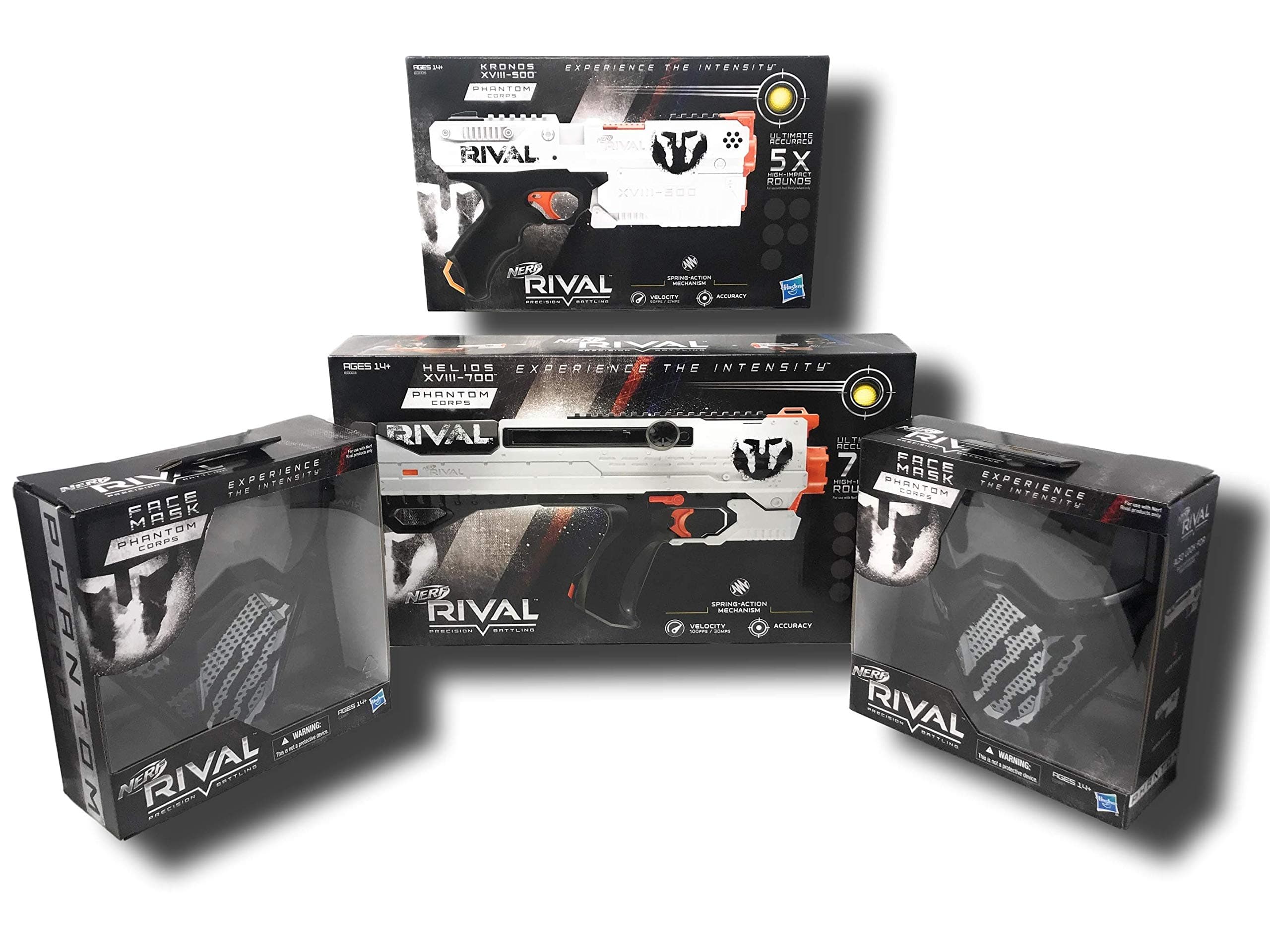 Nozlen Toys Bundle: Nerf Rival Phantom Corps Set Including (1) Helios XVIII-700, (1) Kronos XVIII-500, (2) Face Masks, and (2) Bonus Bags