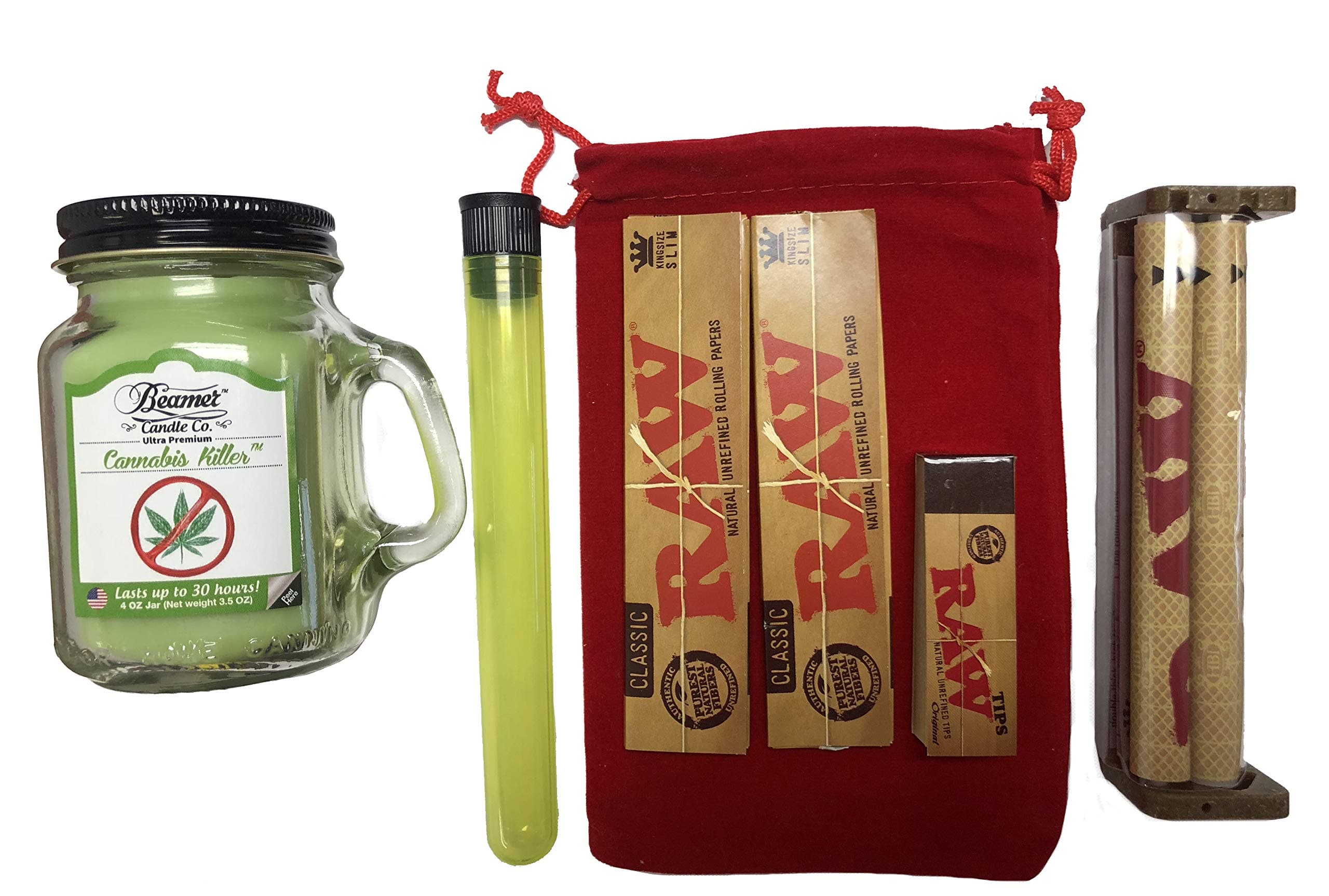 Raw Bundle Including Beamer Candle 4 oz, Rolling Machine, Raw Tips, 2 King Size Papers,"SMI" Doob Tube, Velvet Pouch (Classic)