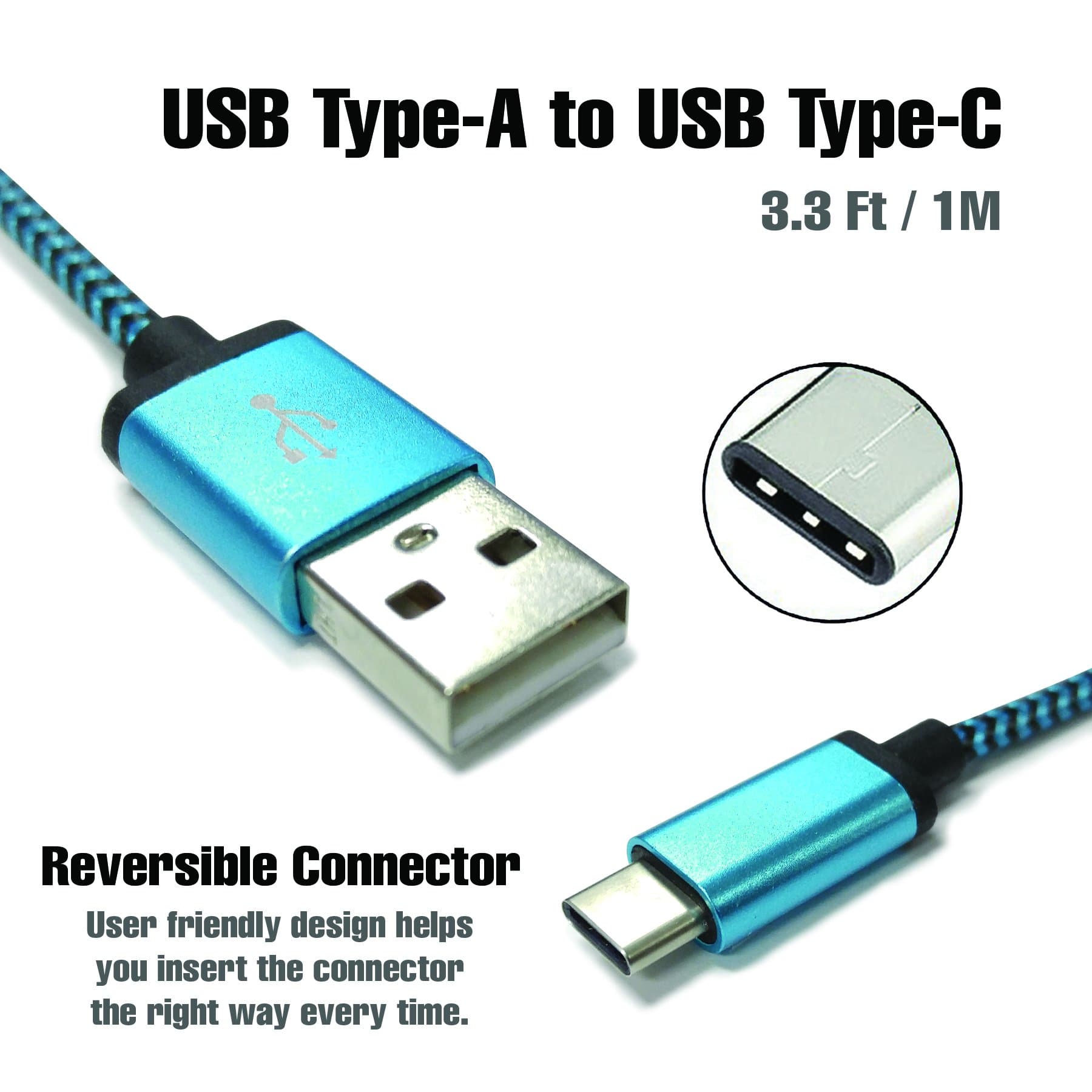 USB Type C Cable, 3.3 Ft (1M) Nylon Braided USB C Cable with Reversible Connector for LG G5, Huawei Nexus 6P, LG Nexus 5X, 12" Macbook, Chromebook Pixel, and Other USB Type C Devices (Blue)