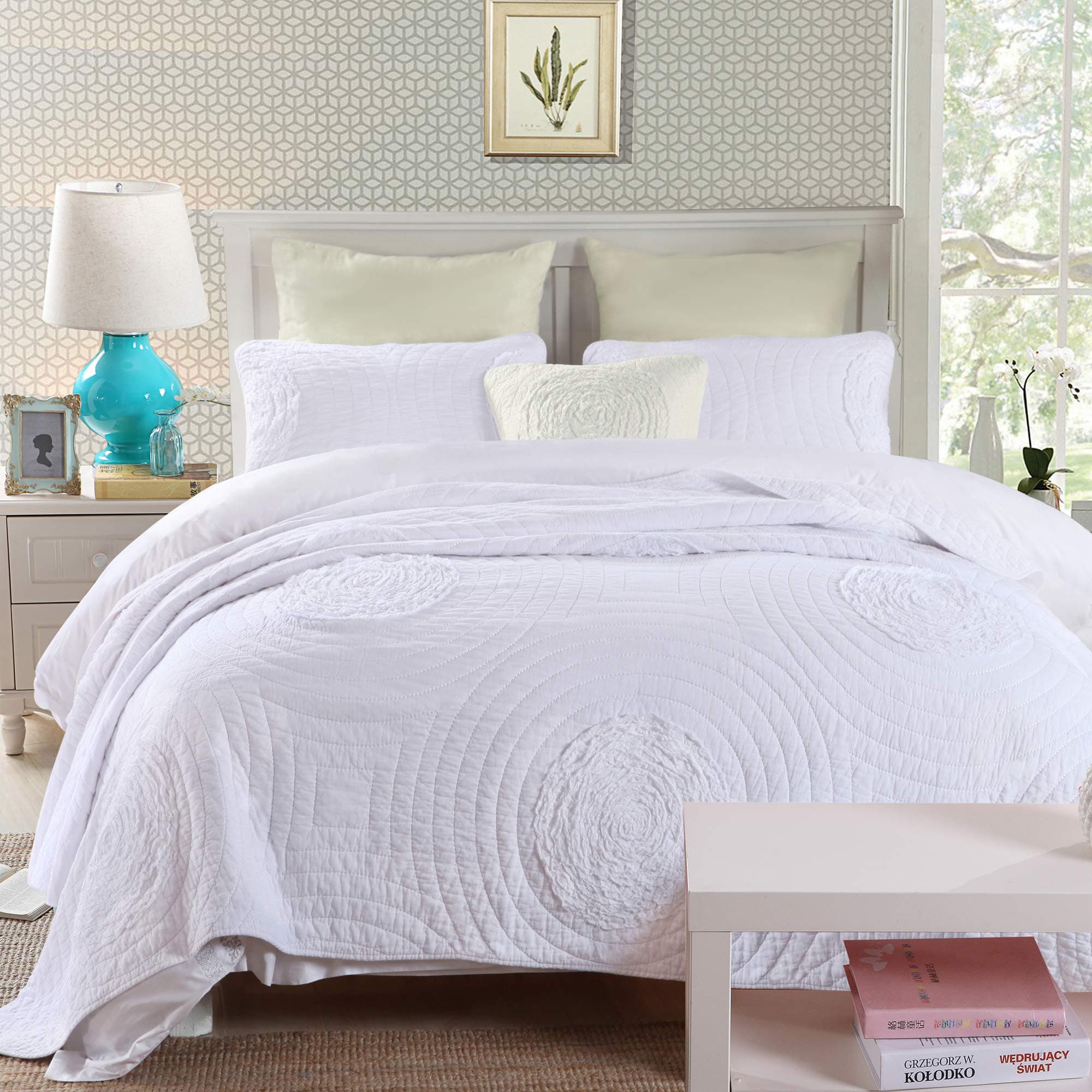 YAYIDAY Quilt Sets King Size Breathable Cotton Comforter Solid Handmade 3D Floral Quilted Bedspread with Pillow Shams, Modern Coverlet White