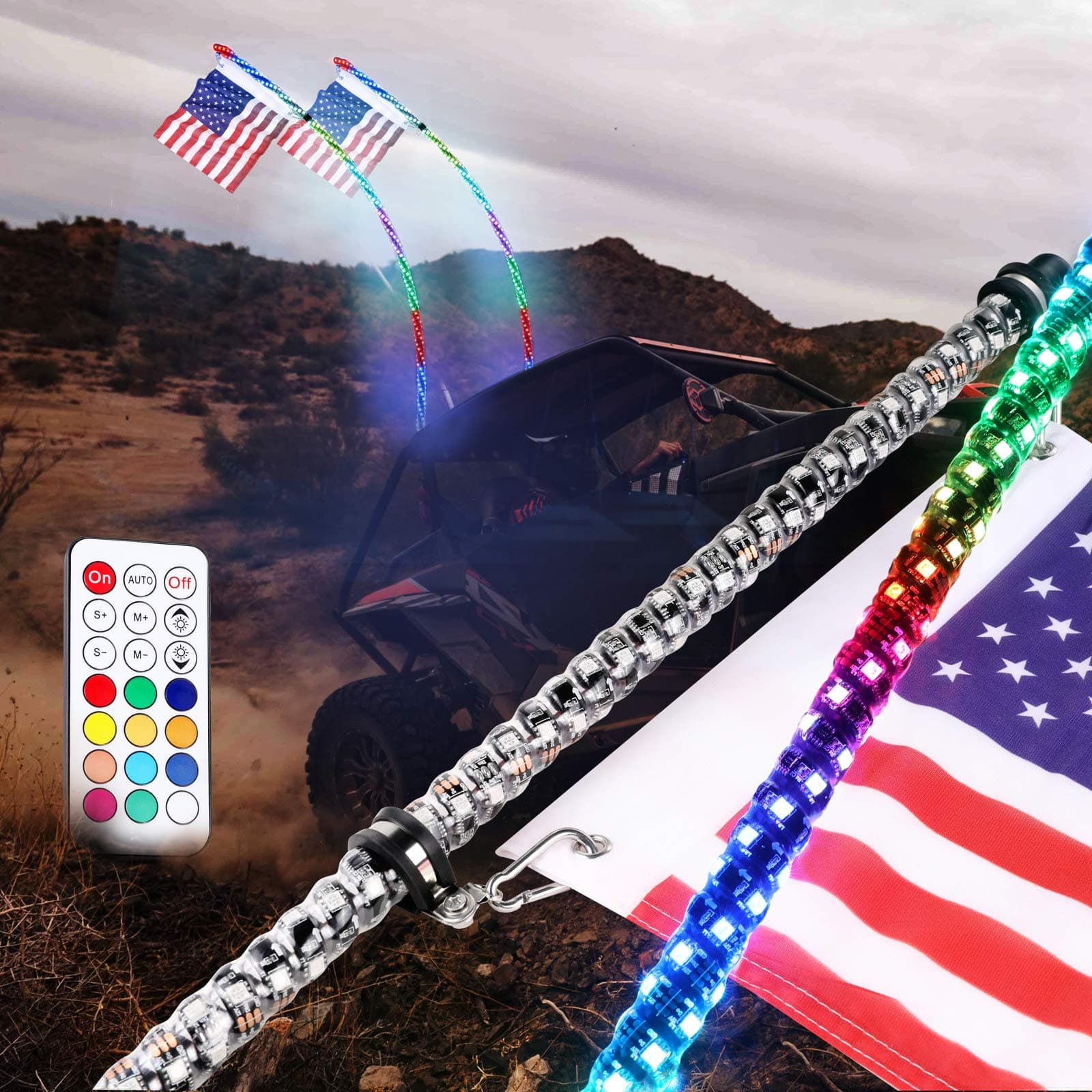 LED Whip Lights, Wayup 2Pack 5FT Lighted Whips with Flag Remote Control 360° Spiral Dancing/Chasing Light Antenna LED Whips for UTV ATV RZR Polaris 4X4 SXS Buggy Dune Truck