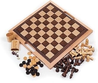 Trademark Games Deluxe Wooden Chess, Checker and Backgammon Set, Brown