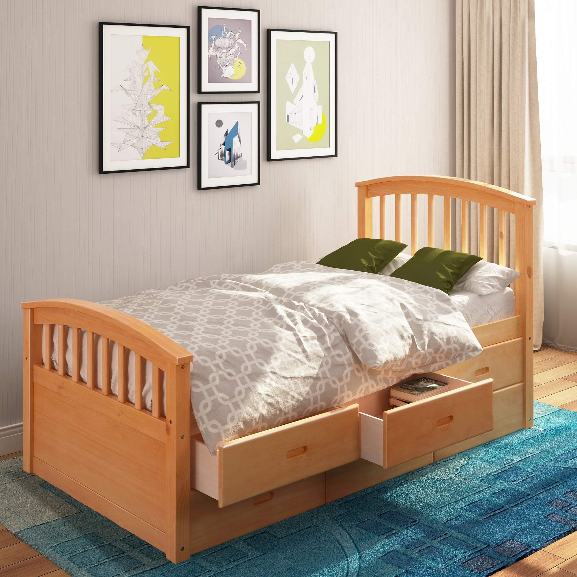MIERES Twin Size Platform Storage Solid Wood Bed with 6 Drawers, Natural