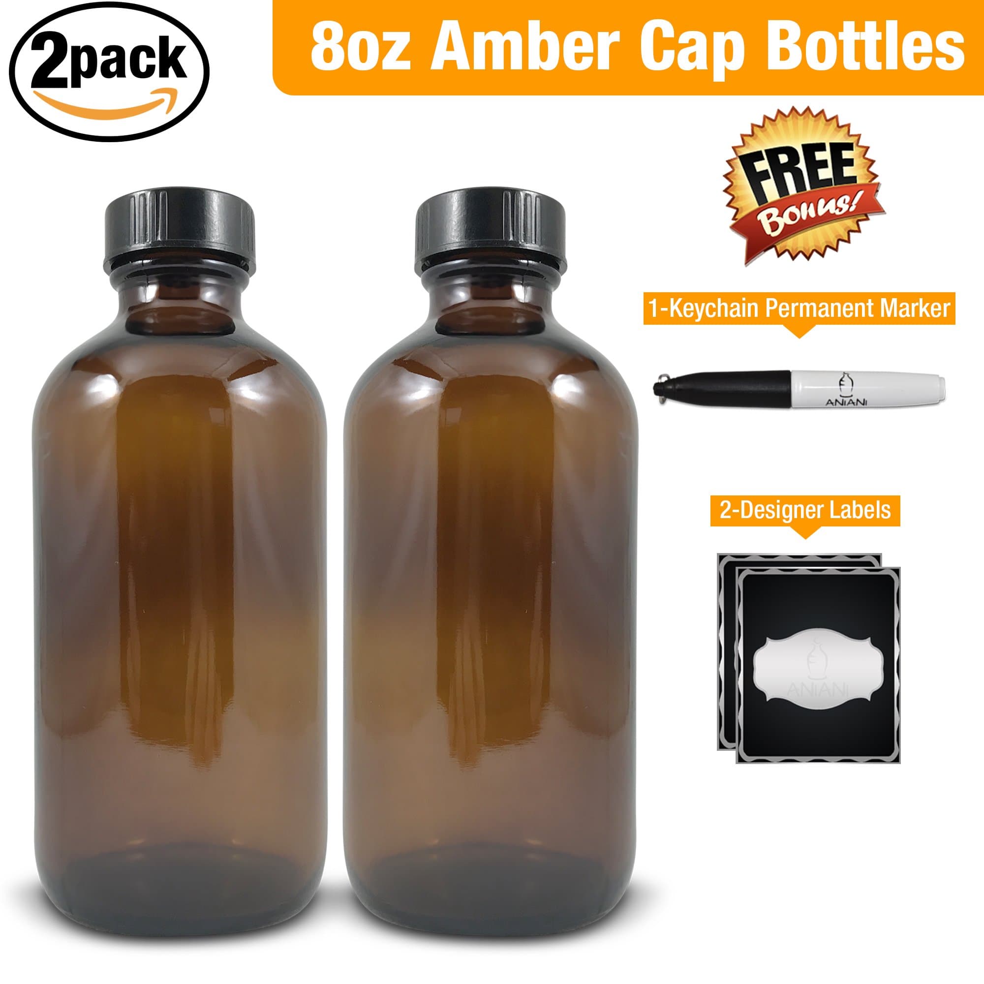 Empty Amber Glass Bottle-Medium 8 oz Refillable Container for Storing Chemicals, Shampoo, Conditioners, Soaps, Cleaning Products, Essential Oils, and Aromatherapy-Black Caps-2 Pack Bonus Free Extras