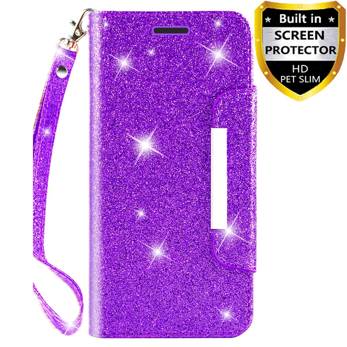 Galaxy Note 4 Case, with Screen Protector, TPU + Leather Bling Glitter Flip Wallet Case with Kickstand Credit Card Holder Slot for Girls/Women for Samsung Galaxy Note 4 (Purple)