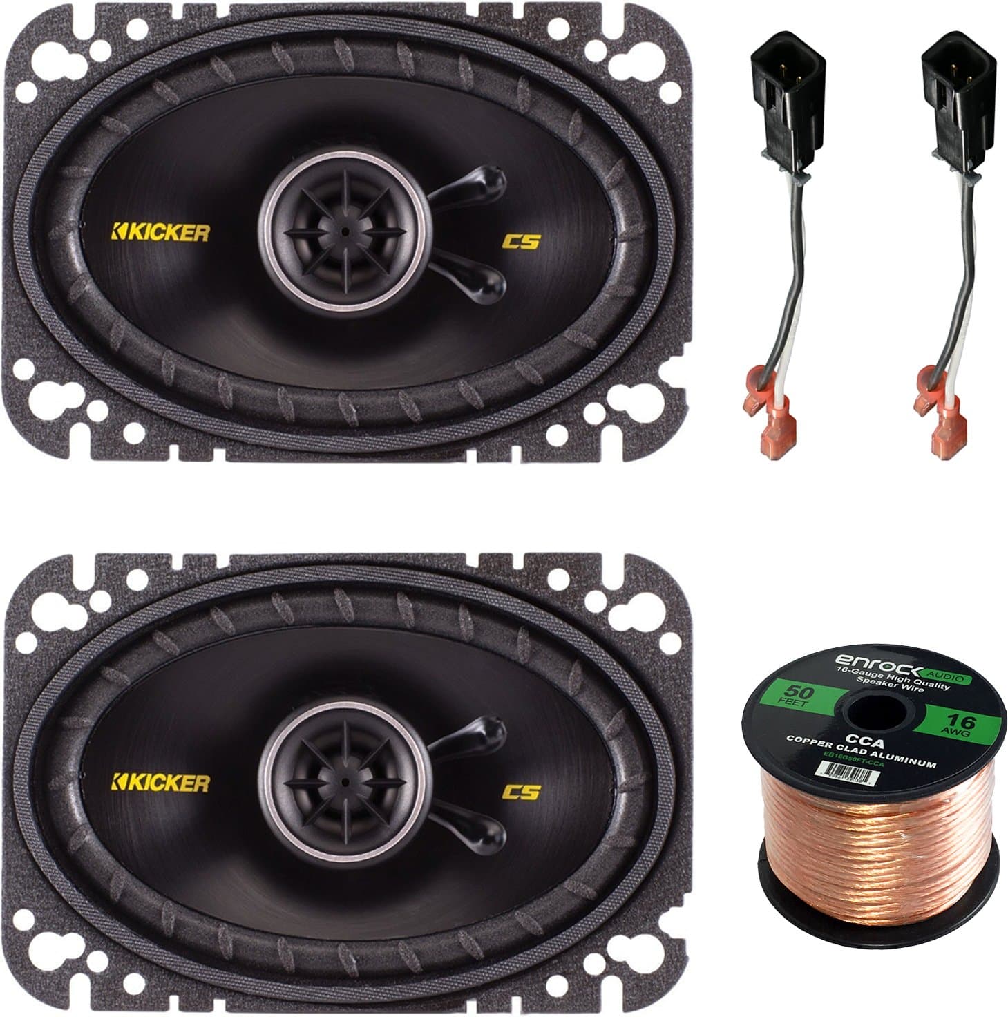 Speaker System Set Bundle with 2 Kicker 40CS464 4x6 150 Watt Car Audio Speaker + Metra 72-6512 2-Pin Speaker Connector for Jeep/Chrysler Vehicles + Enrock 50ft 16g Speaker Wire