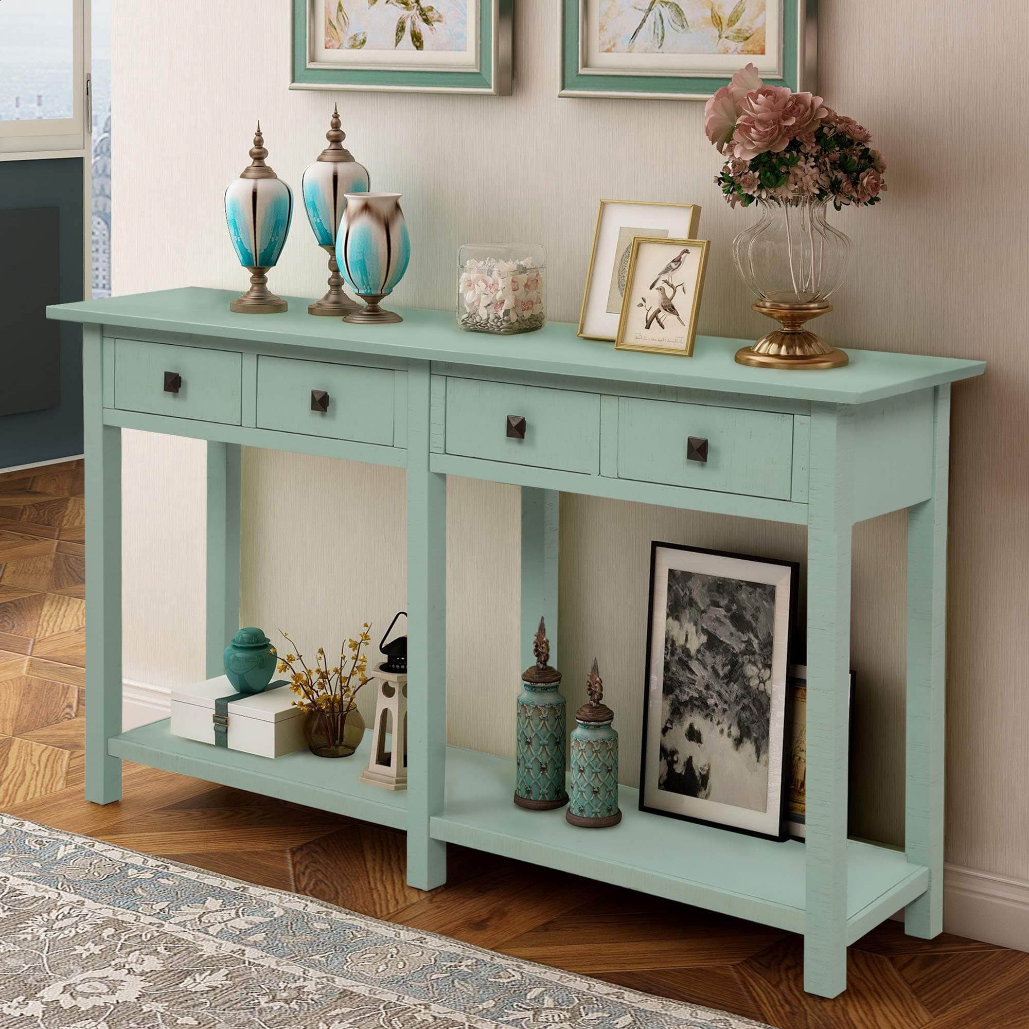 Retro Console Table Sofa Table for Entryway with Drawers and Shelf Living Room Sideboard (Tiffany Blue)