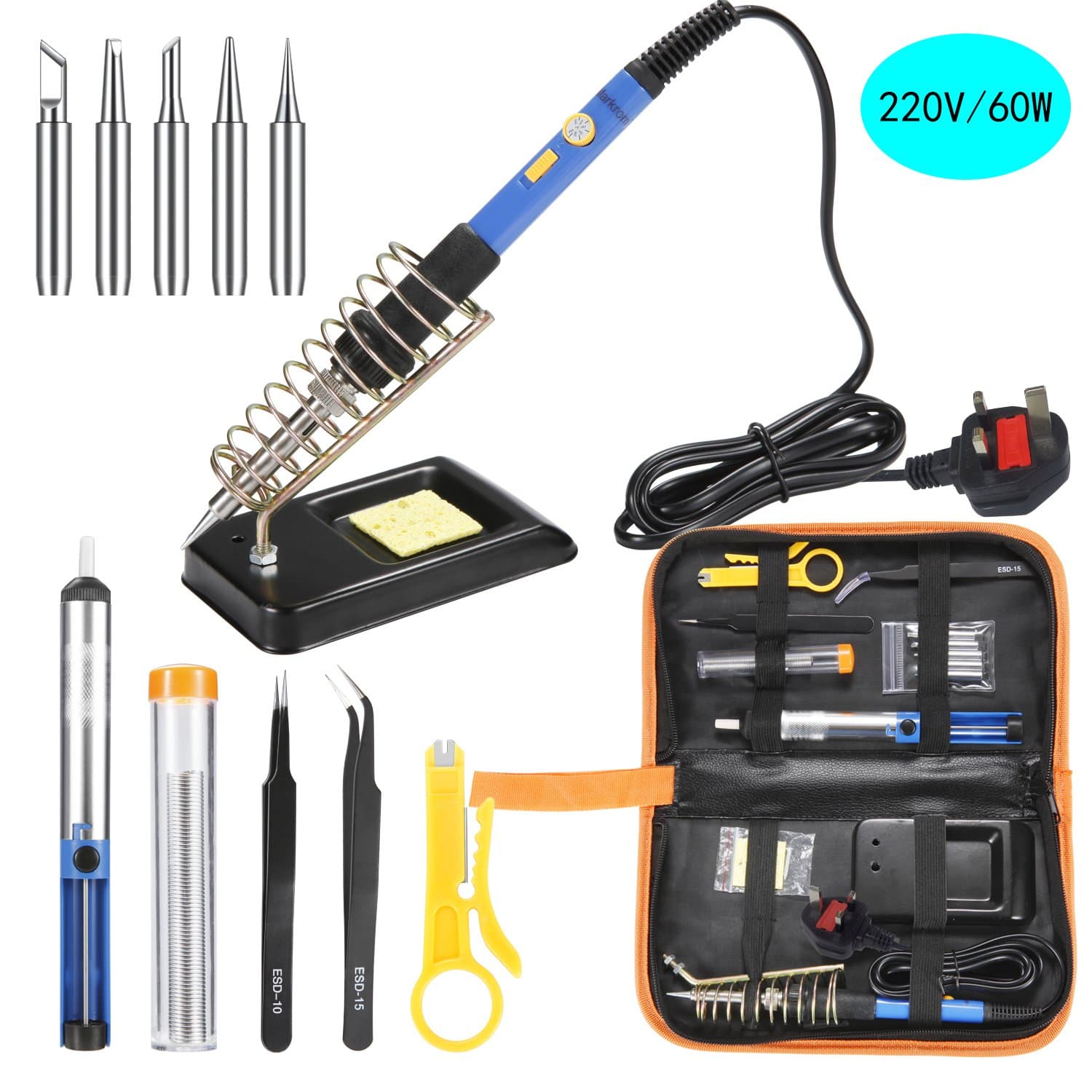 Markrom Soldering Iron Kit Electronics with ON/Off Switch Adjustable Temperature, 13 in 1 Household 60W Soldering Iron Tools, with 5pcs Soldering Iron Tips, Solder Wires, Stand and Other Accessories