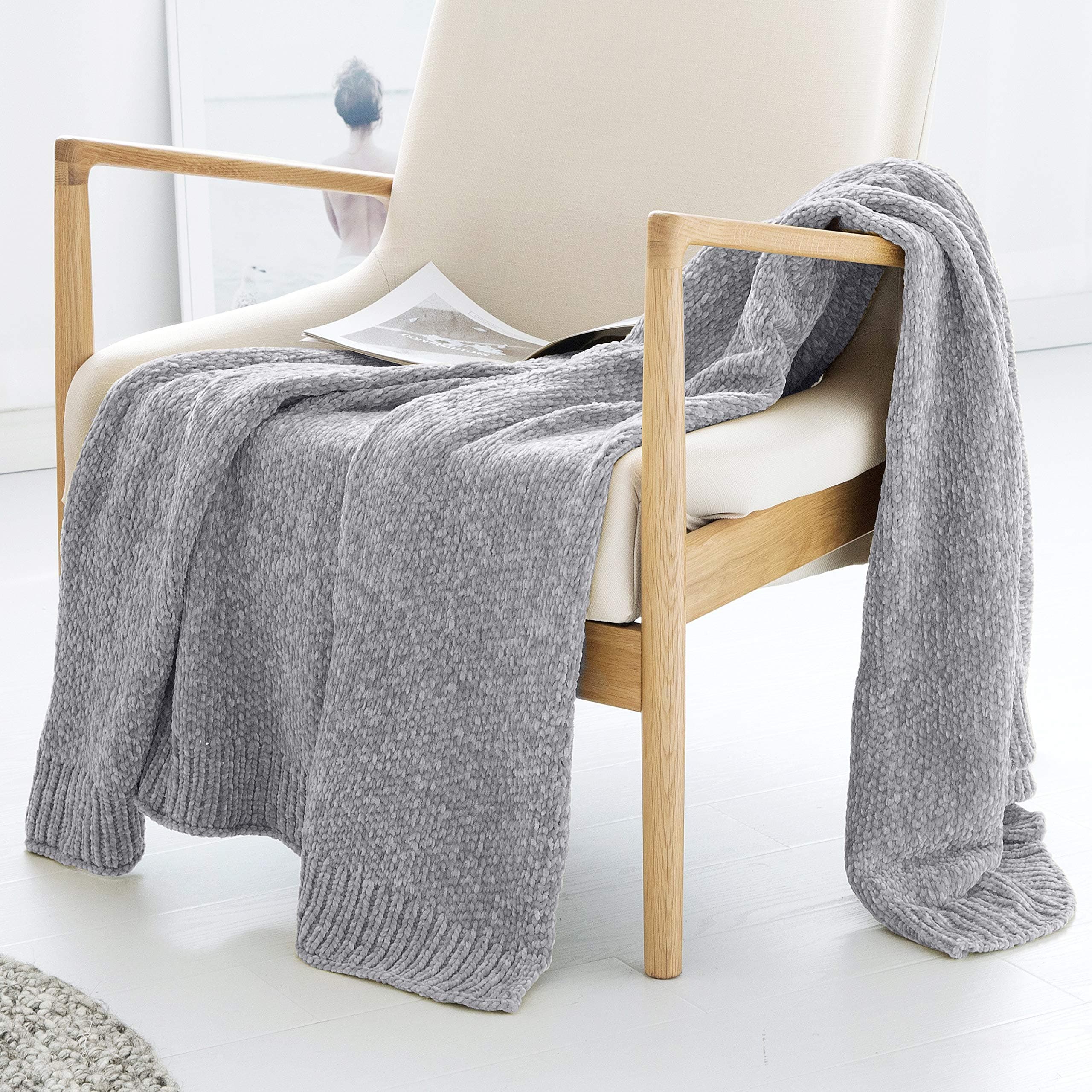 ALPHA HOME Extra Soft Chenille Throw Blanket Decorative Throw for Bed, Couch, Sofa, 60" x 50" Grey…