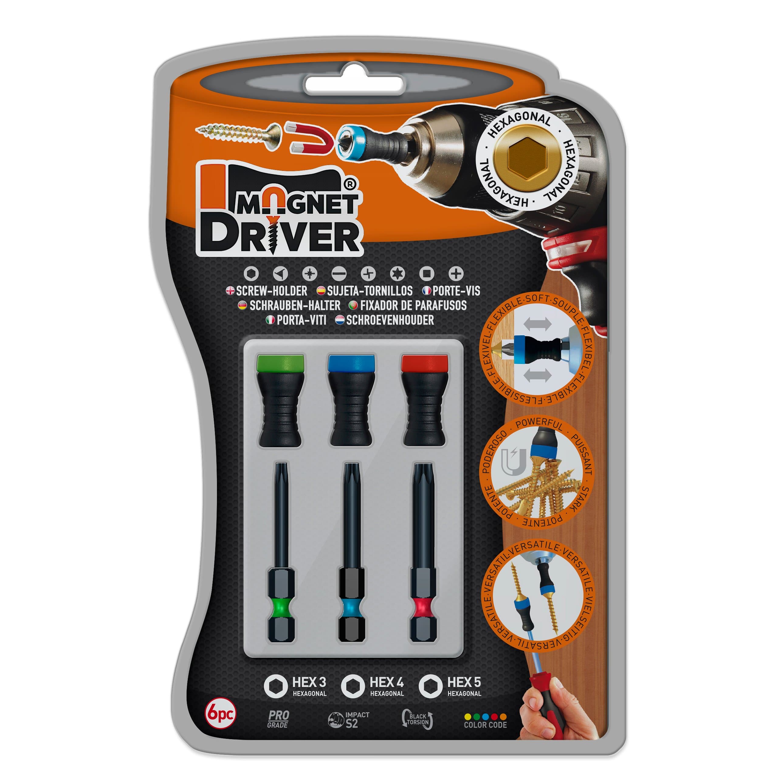 Magnetic BIT Holders and HEX BITS Magnet Driver® B33 - A Simple but Innovative Way to Make Sure Your Screws are Always Straight and Never Fall Down. 3 bits HEX and 3 Magnet Driver®