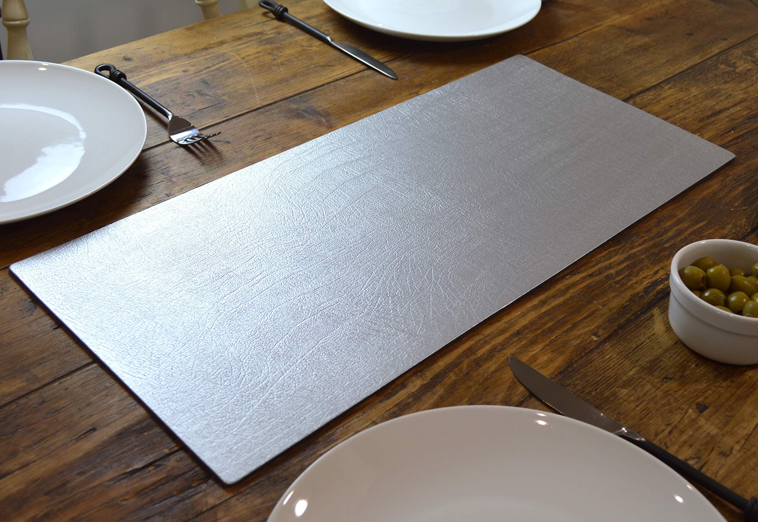 Giftag Artisan Silver Bonded Leather Table Runner Mat Dining Centrepiece, 60cm x 27cm, Made In UK