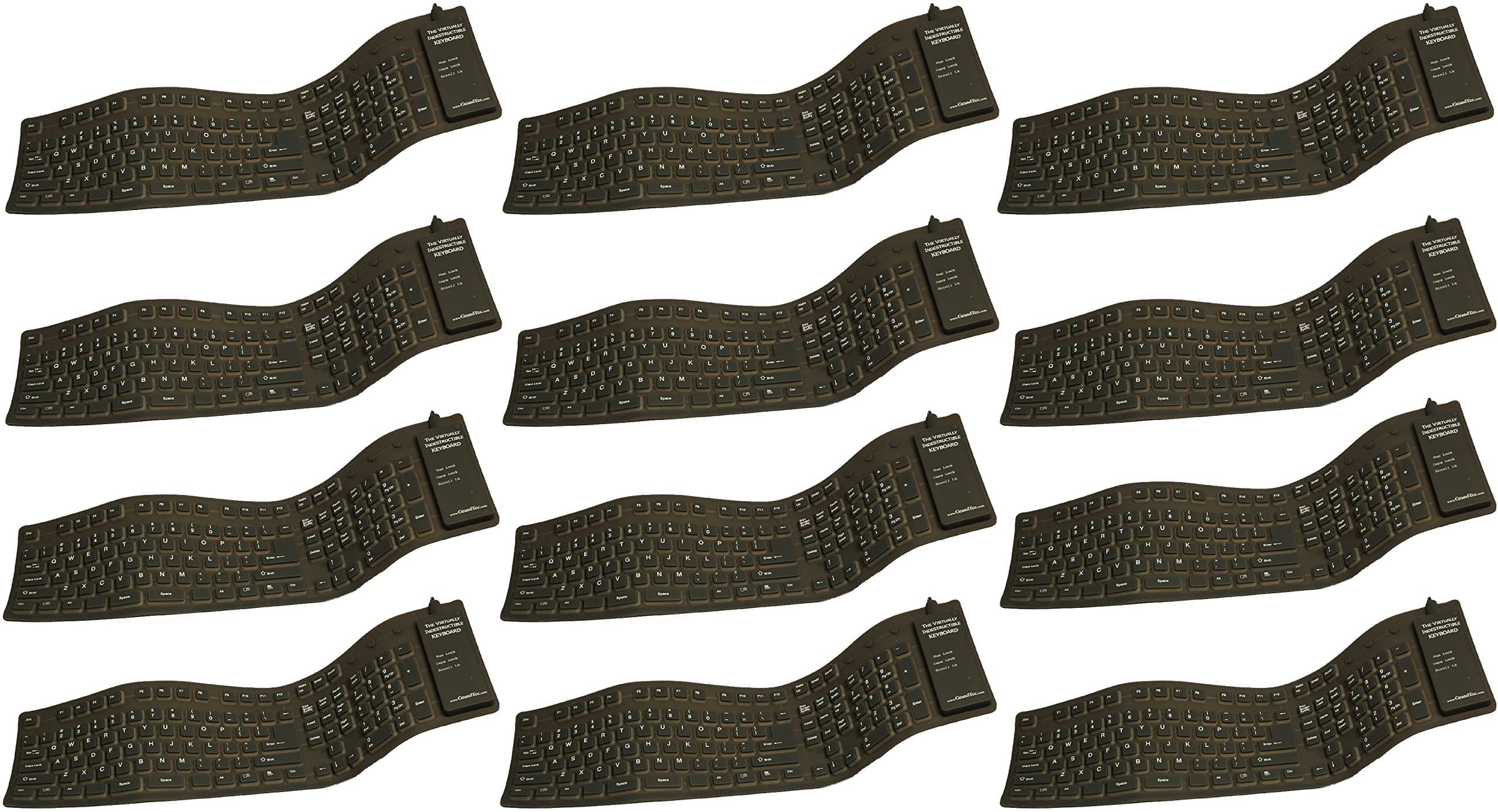 GrandTec FLX-2000 Virtually Indestructible Silicone Flexible Computer Keyboard (Pack of 12), Black, 109 Number of Keys, Power Hot Keys, QWERTY Keys Layout, USB Keyboard/Keypad Host Interface