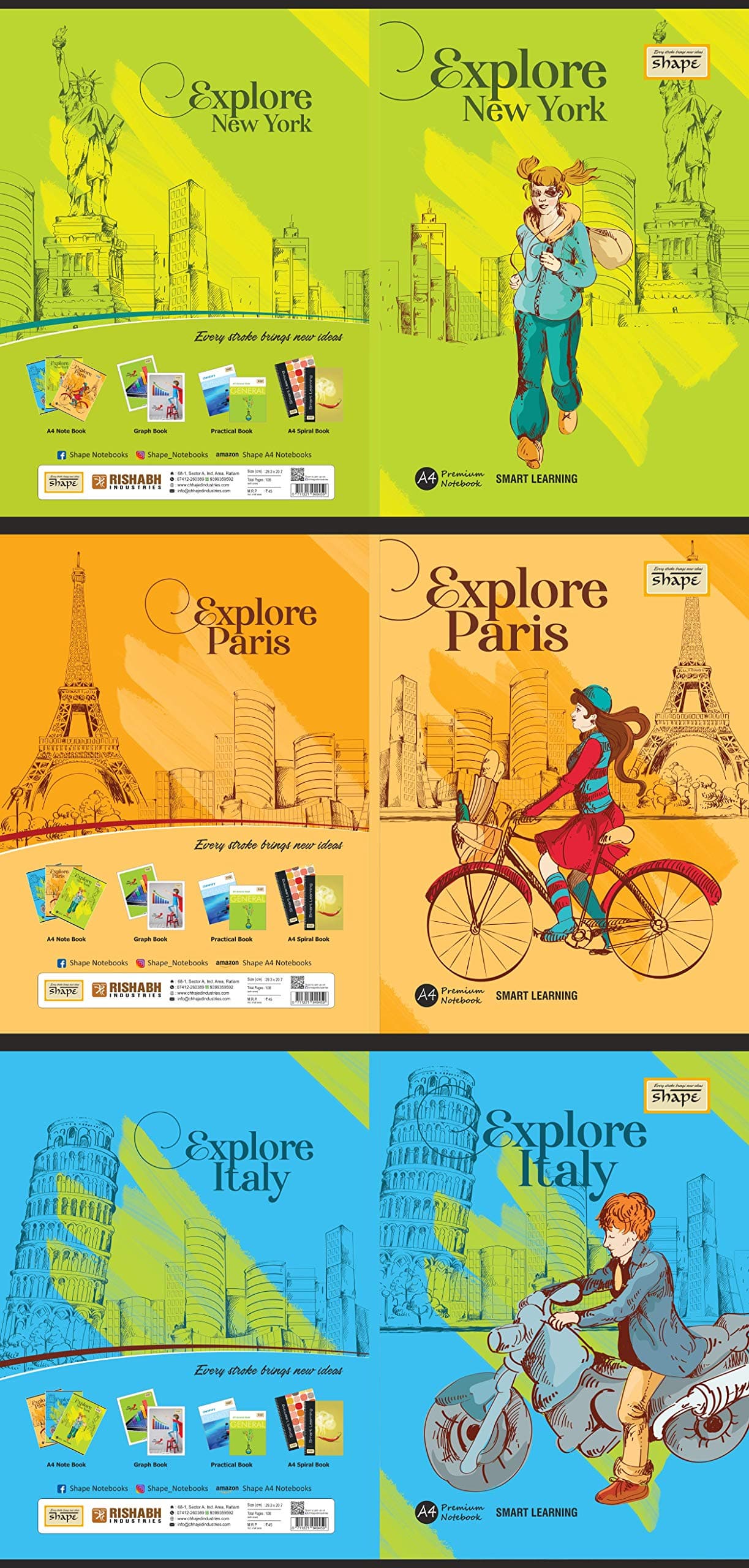 Shape Notebook - A4 (29.7 cm * 20.4 cm), Single Line, 140 Pages - Pack of 3