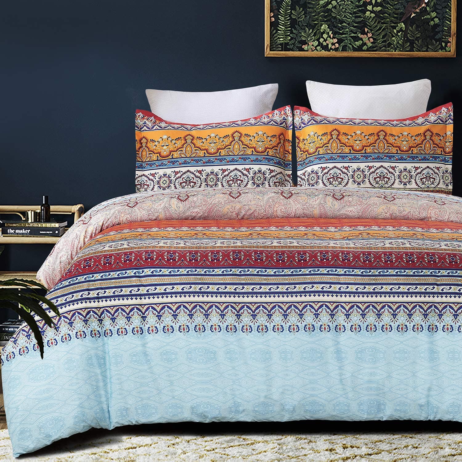 Vaulia Soft Microfiber Duvet Cover Set, Boho-Chic Print Pattern, Orange/Blue Color - King Size (3-Piece Set)
