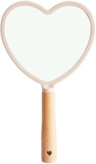 Heart‑Shape Wood‑Handle Handheld Mirror – 25 × 13 cm Travel Makeup Mirror with Hanging Hole (Colour May Vary) (1, Heart)