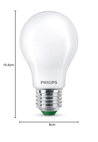 PHILIPS LED Ultra Efficient Light Bulb 2 Pack A Label Energy Rating [White 3000K - E27 Edison Screw] 60W A60 Frosted. for Home Lighting.