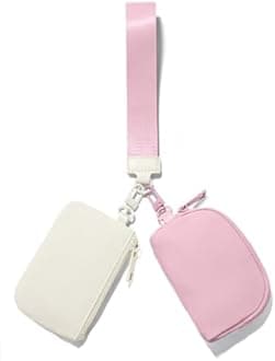 Mini Zip Around Keychain Wristlet Wallets Small Portable Dual Pounch Wristlet Detachable Coin Purse Pocket, Cream White+Pink, Causal