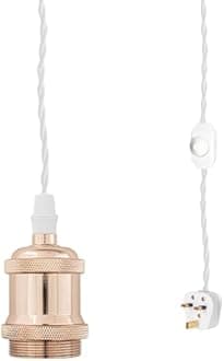 4.5 Meters White Twisted Fabric Cable Plug In Pendant Lighting Kit Pendant Light Fitting with Dimmer Switch and E27 Gold Lamp Holder