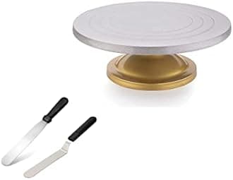 TEX-RO Cake Decorating And Icing Turntable/Serving Stand, Signature Edition 360° Smooth Rotating Cake Stand, Silver Top & Golden Bottom, 12 Inch Diameter Fiber Cake Turntable With Palate Knife (Round)