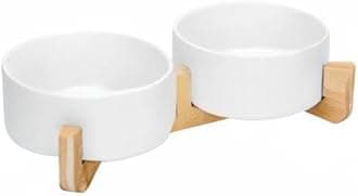 SPUNKYJUNKY Ceramic Dog and Cat Bowl Set with Wooden Stand, Modern Cute Weighted Food Water Set for Large Size Dogs (7.6 Cups, 2 × White)