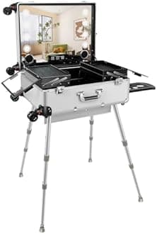 FAHKNS 24'' Aluminum Trolley Makeup Train Case with LED Light Professional Cosmetic Make up Cosmetic Organizer Studio