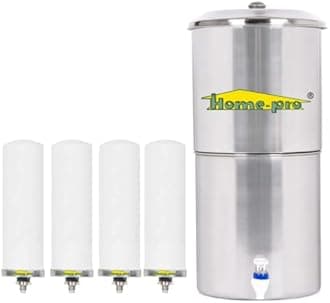 Home-Pro - Gravity Water Filter and Purifier | 30 Liters Total Capacity (15L Bottom & 15L Top) Made with Stainless Steel |Includes 4 Creamic Long Candle and Food Grade Plastic Tape