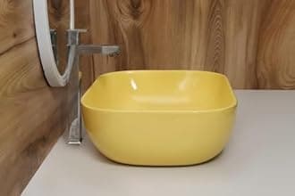MAHISRE Ceramic Countertop Wash Basin | Designer Table Top Bathroom Basin Sink | Vessel Sink Wash Basin Over Counter for Bathroom, Hotel, Home Living Room (18x13x5.5 Inch) (Glossy Yellow)