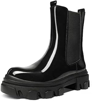 Women's Platform Chelsea Boots Combat Mid Calf Slip On Chunky Ankle Booties, Black, 7