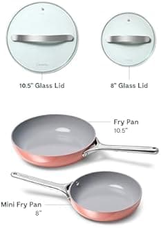 Caraway Ceramic Nonstick Fry Pan Set with Glass Lids – Includes Two 10.5” Fry Pans, One 8” Fry Pan, & Three Lids - Non Toxic, PTFE & PFOA Free - Oven Safe & Compatible with All Stovetops - Perracotta