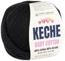 Keche Cotton Yarn, 60% Cotton 40% Acrylic Yarn, Soft Cotton Yarn for Crochet and Knitting, Amigurumi Yarn 1 Skein/Ball 1.76 Oz (50g) / 180 Yrds (165m) - Black