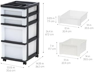 IRIS USA, Inc. MC-322-TOP 4-Drawer Storage Rolling Cart with Organizer Top, Black/Pearl