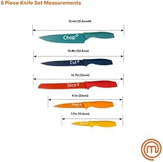 MasterChef Coloured Knife Set of 5 Kitchen Knives (Paring, Utility, Carving, Bread & Chef) Colour Coded Stainless Steel Blades & Soft Touch Handles, 5 Piece, Multi-Coloured