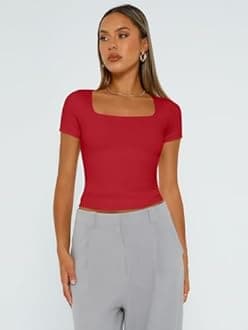 Trendy Queen Short Sleeve Shirts for Women Double Lined Square Neck Cute Going Out Crop Tops Spring Summer Teens Basic Tees