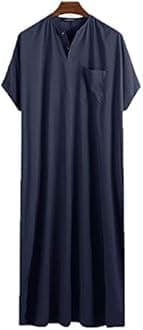 GaoYunQin Mens Muslim Dress, Mens Nightgown, Short Sleeve Ethnic Lounge Clothing Middle East Saudi Arabic Robes with Pockets Loose Pajama Sleep Shirt (Color : Blue, Size : XL)