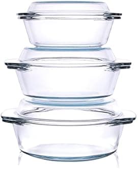 Set of 6 Pieces Round Tempered Glass Casserole Dish with Lids, Glass Casserole Baking Dish Set for Oven, Freezer and Dishwasher Safe - 0.7QT+1QT+1.5QT