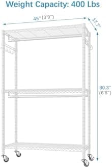 VIPEK V12 Rolling Garment Rack 3 Tiers Adjustable Wire Shelving Clothes Rack with Wheels, Freestanding Wardrobe Storage Rack Heavy Duty Metal Clothing Rack for Hanging Clothes, White