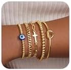 Poxtex Gold Bracelets for Women, Dainty Bracelets for Women Trendy, 14K Real Gold Bracelets Stack With Heart, Beaded, Cuban, Paperclip, Snake, Rope, Pearl, Cross, CZ Chain, Valentine's Day Jewelry Set