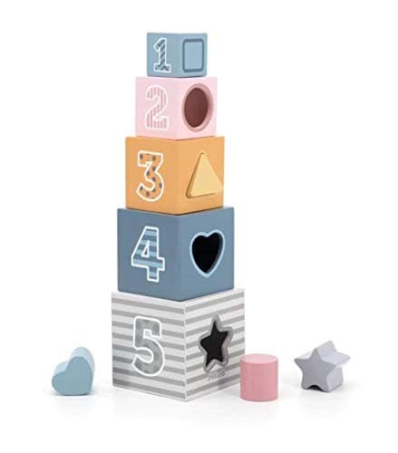 Geometric Wooden Boxes | Blocks Stacker, Stacking & Nesting Educational Tower with Shapes, Pictures of Animals and Numbers for Toddlers