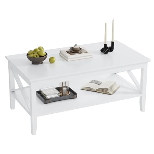ChooChoo Coffee Table Classic X Design for Living Room, Rectangular Modern Cocktail Table with Storage Shelf, 39 Inch (White)