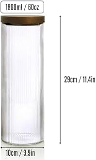 Mason & Fable Glass Storage Jars with Ribbed Pattern & Airtight Wood Lid- Glass Food Canisters for Spaghetti, Cereal, Pasta or Flour -Ideal for Kitchen, Pantry, Bar Organization- 1800ml Set of 2