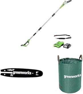 GreenworksCordless Long Reach Pole Saw (Great for Pruning and Trimming Branches), 8 Inch (20cm) Bar Length,24V 2Ah Battery & Charger + Greenworks 20cm Guide Bar + Greenworks 120 L Garden Waste Bag