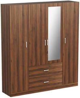 VIKI Wardrobe | Wooden Almirah for Clothes,Door for Bedroom, 4 Door Wardrobe with Drawer, Mirror & Hanging Space (Brussel Walnut - 40D x 160W x 180H) | 1 Year Warranty | Free Assembly