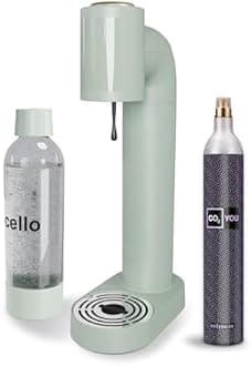 Cello Sparkling Water and Soda Maker Machine in Sage Green with 1 Litre Reusable BPA-Free Water Bottle for Carbonating & Co2 Gas Cylinder, No Electricity Required, Sparkling Water Maker