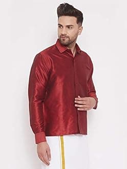 Vastramay Men's Silk Blend Ethnic Shirt | Full Sleeves South Indian Traditional Shirt | Festive, Wedding, Casual Wear