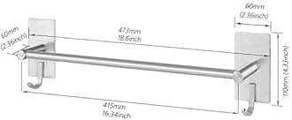 JS Towel Rail Wall Mounted SUS304 Stainless Steel Towel Holder Self Adhesive with 2 Hooks Stick on Towel Rack for Bathroom Shower Kitchen