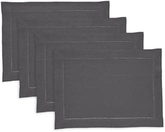 Solino Home Linen Cloth Placemats Set of 4-100% Pure Linen Medium Weight Hemstitch Charcoal Placemats 14 x 19 Inch - Handcrafted and Machine Washable Place Mats for Winter