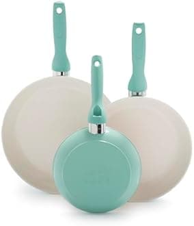 Greenpan Rio Healthy Ceramic Nonstick 7" 9.5" and 11" Frying Pan Skillet Set, PFAS-Free, Dishwasher Safe, Turquoise