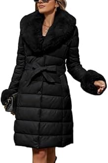 Bellivera Women's Winter Puffer Jacket Cold-Resistant Patchwork Plush Lining Coat with Removable Fur Collar Hooded and Belted