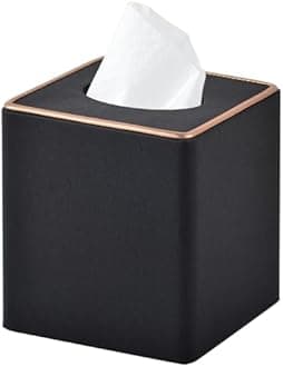 RHCSZ Linen Square Tissue Box Cover,Cube Tissue Box Holder－Excellent Rosegold Leather Decoration,Table Napkin Case Dispenser,Facial Tissues Organizer with Magnetic Bottom for Home Office Car(Black)