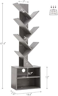 SUNMORY 6 Tier Tree Bookshelf, Tall Bookcase with Storage Cabinet, Modern Narrow Bookshelves Organizer, Floor Standing Book Shelf for Bedroom/Living Room/Home Office/Corner, Grey